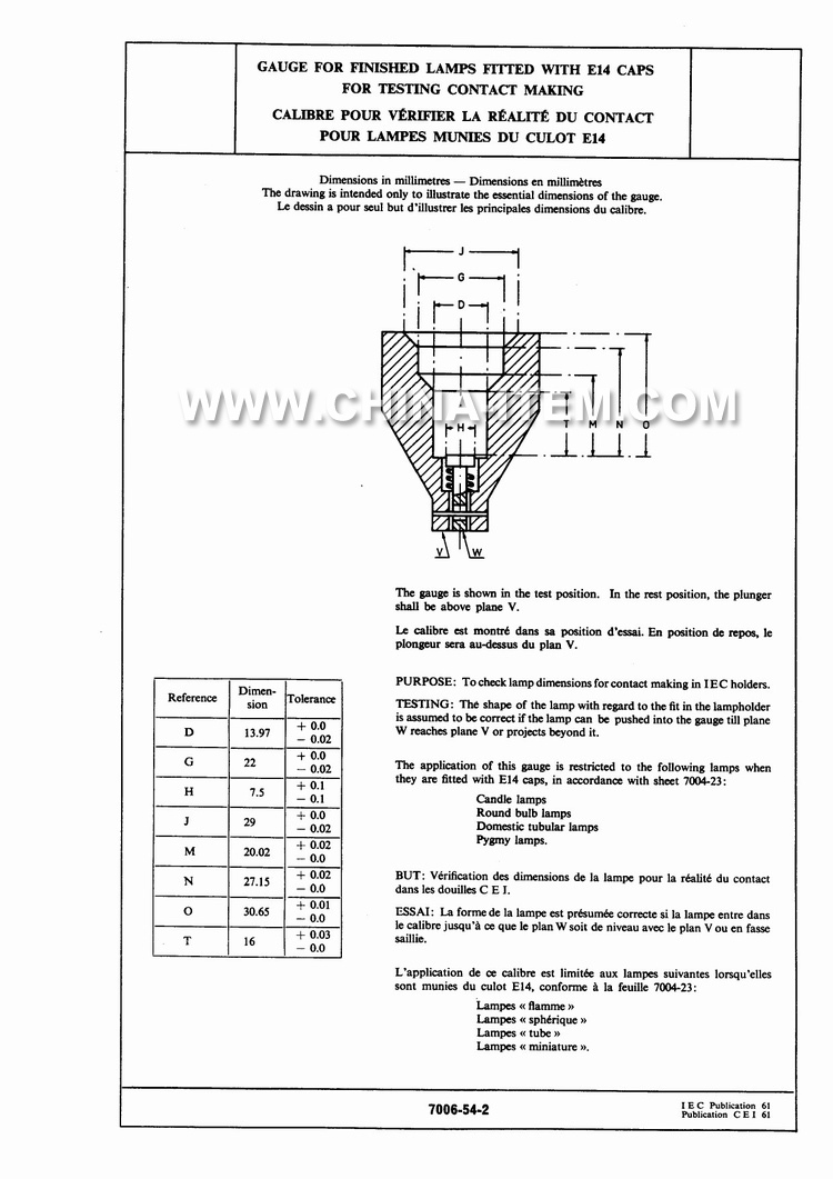 Gauge for Finished Lamps Fitted with E14 Caps for Testing Contact Making